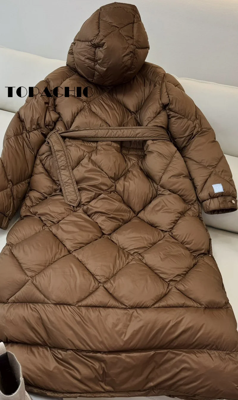 9.5 TOPACHIC-Women White Goose Down Hooded Long Outerwear Quilted Argyle Plaid Single Breasted Side Split Whit Sashes Down Coat