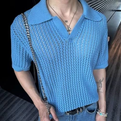 2024 Summer Casual Mens Knit Polo Shirt Short Sleeve Turn-down Collar Hollow Out Tops For Men Fashion Solid Color Knitted Polos