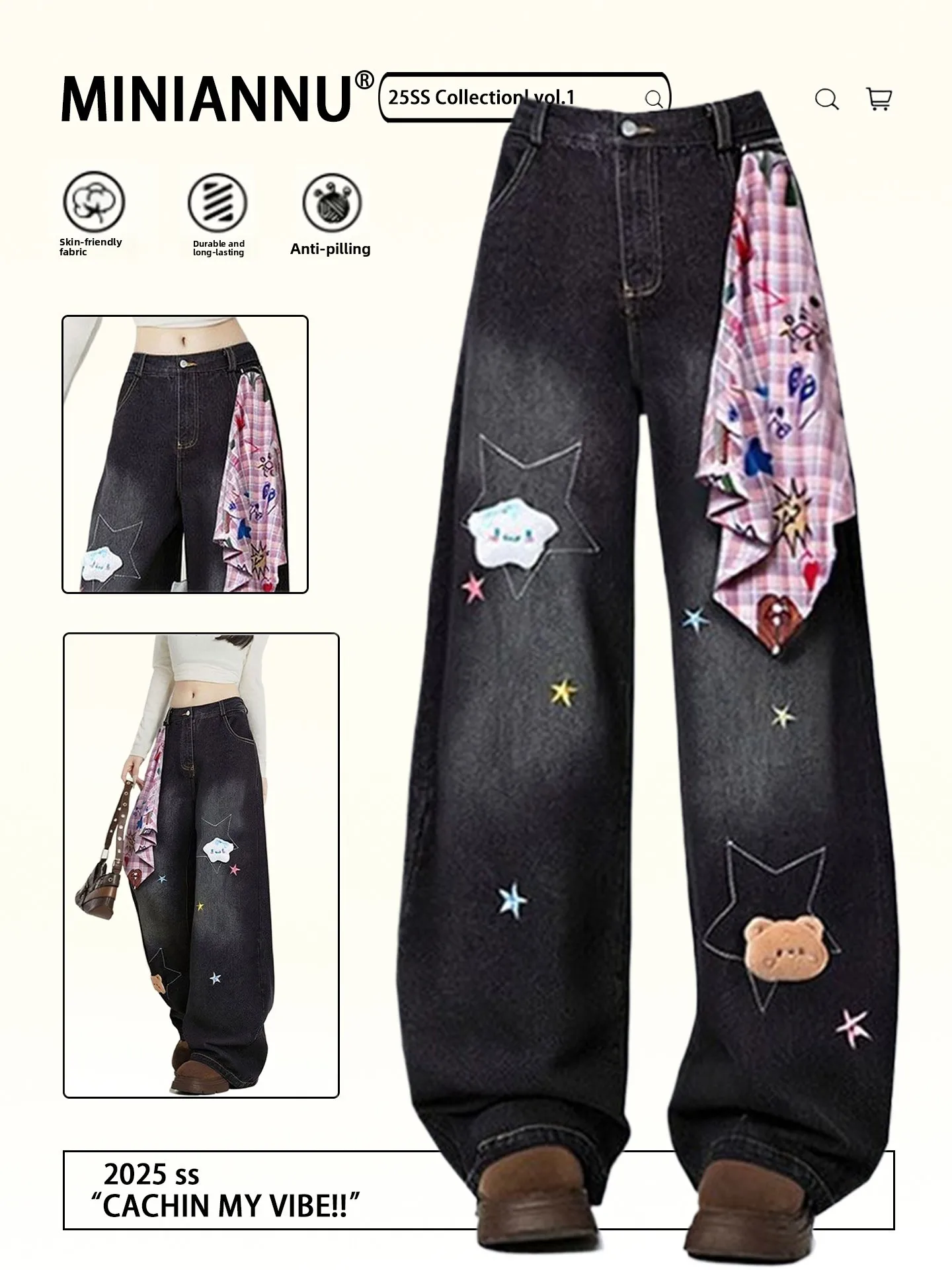 

Retro American Street Cartoon Star Embroidery Jeans Loose Straight Leg Slim Wide Leg Casual Trousers for Men And Women