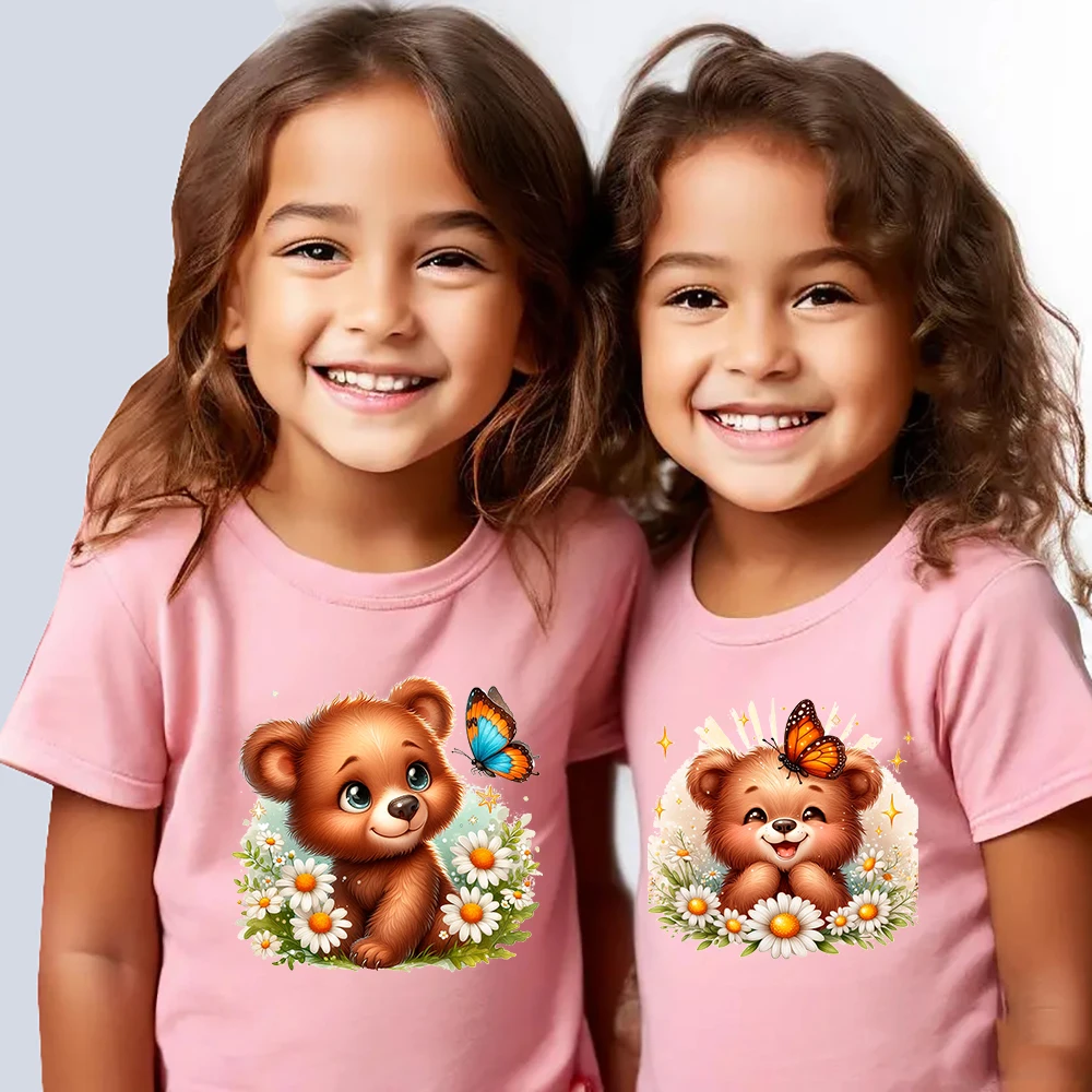 15cm Kids Flower Brown Bear Iron On Heat Transfer Stickers For Clothes DTF Pinted Vinyl Thermal Appliques Washable T-Shirt Decal