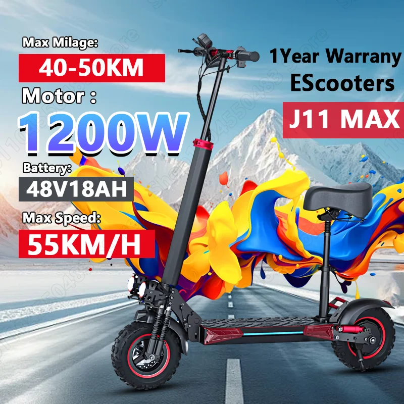 

J11MAX Складные электросамотеры 1200 Вт Двигатель 48 В 18 Ач Батарея Передние и задние указатели поворота Электрический скутер 11-дюймовые внедорожные шины Электронный скутер