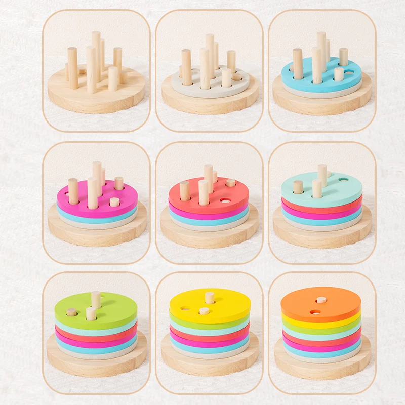 子供用木製レインボータワーおもちゃ - カラーセットピラー、カラフルなシリンダー、手と目の協調運動と知能開発