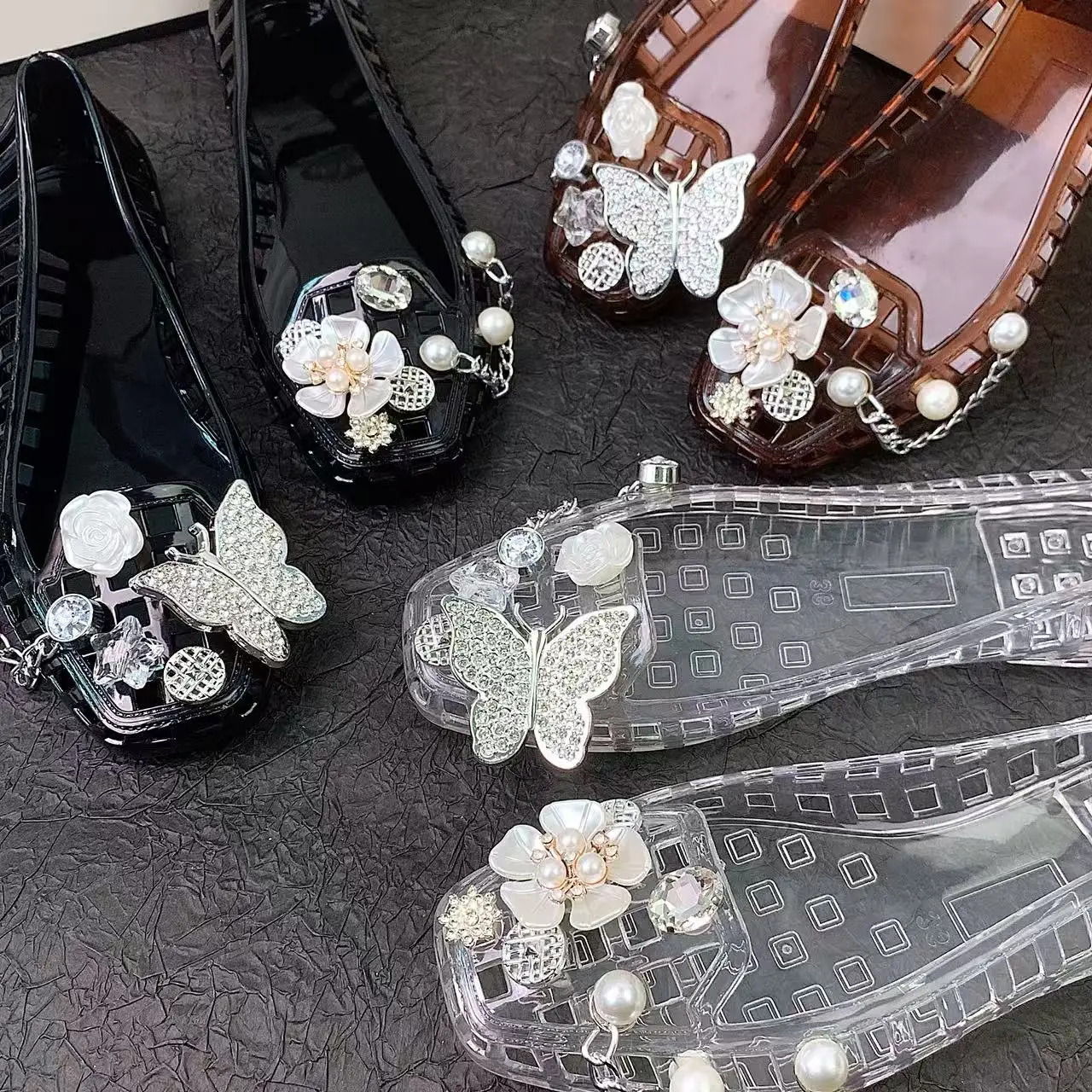 Jelly Women's Shoes for Summer, New Style Silver Butterfly White Flower Set Accessories, Crystal Transparent Square-Toed Women's Sandals, Slip-On Slippers