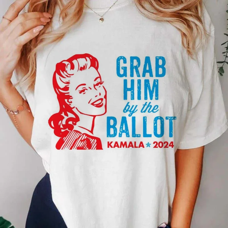 Grab Him By The Ballot Kamala 2024 Printed Pattern T-Shirt Fashion Versatile Women's Clothing Summer Short Sleeved Top T-Shirt