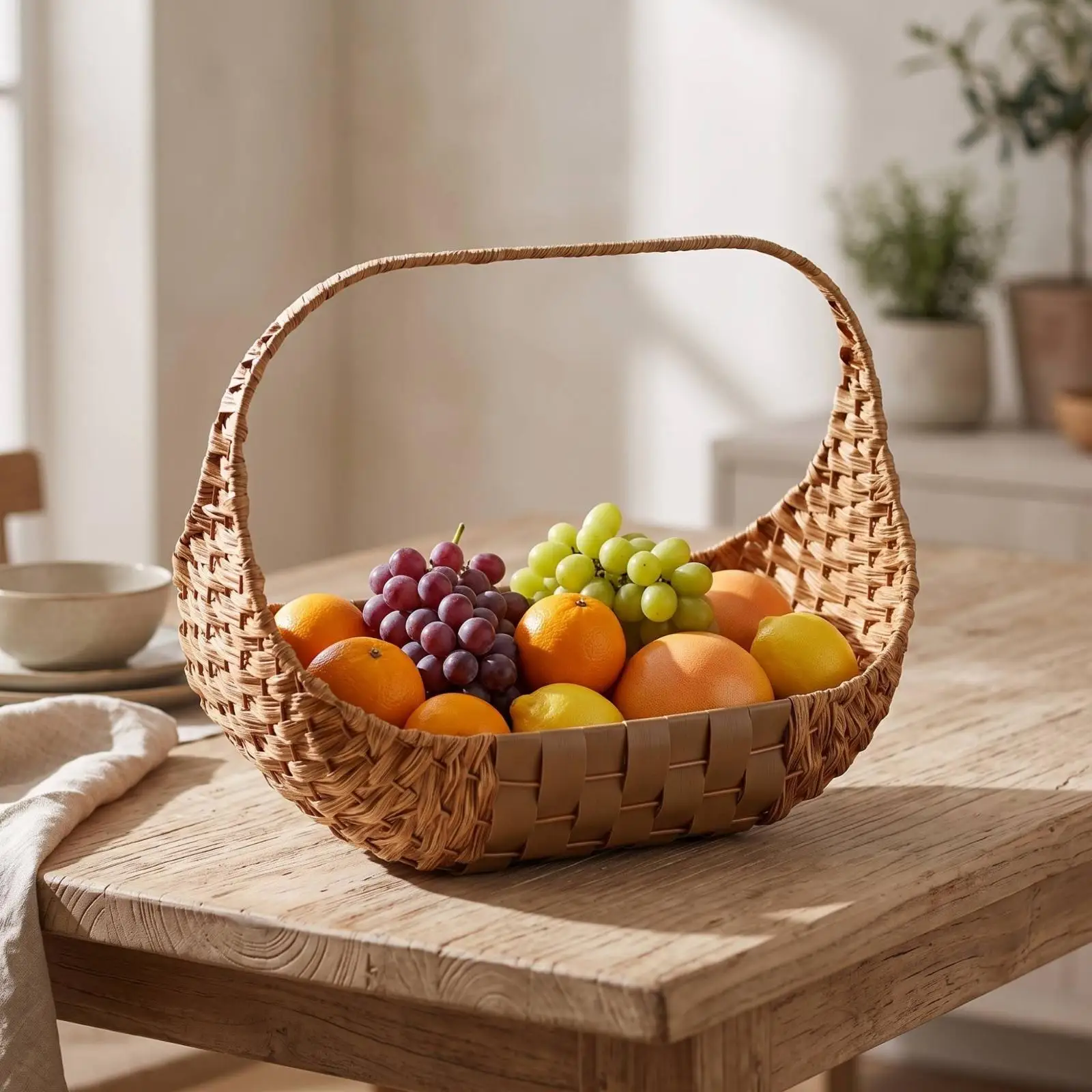 Artisan Style Rattan Basket for Fruit Display and Outdoor Dining with Comfortable Grip