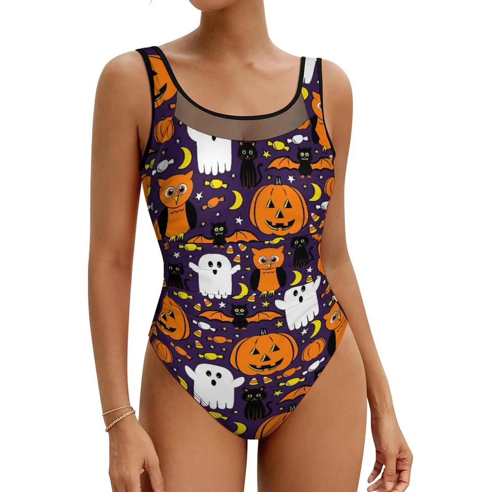 Happy Haunts Swimsuit Sexy Ghost And Pumpkin One Piece Swimwear Push Up Bodysuit Fantasy Beach Beach Wear