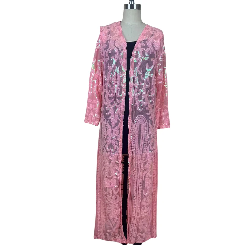 Cárdigan largo de lentejuelas de colores brillantes para mujer, chaqueta transparente de malla, punto abierto, elegante, informal, Ouro Lantejoula,