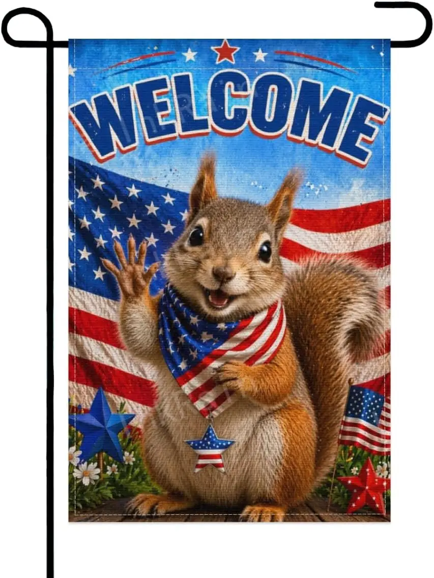 InkRain Squirrel Garden Flag 12x18 Inch, “Welcome” Patriotic USA Banner, American Animal Yard Decor for Memorial Day, 4th of AAM