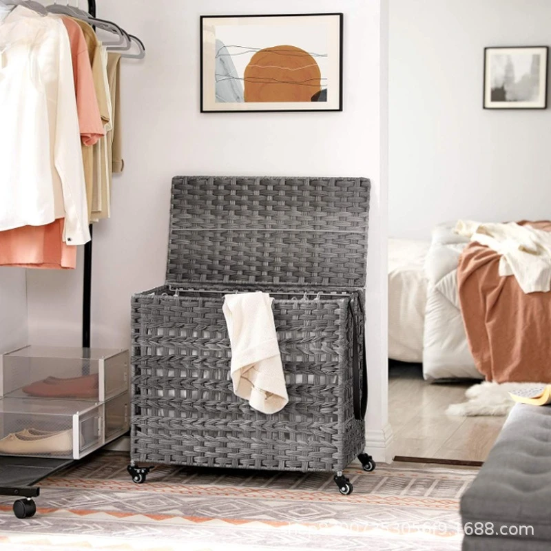 

Rattan Laundry Basket Hand-woven Foldable Laundry Storage Box with Cloth Lining Mobile Pulley Large Capacity Dirty Laundry Baske