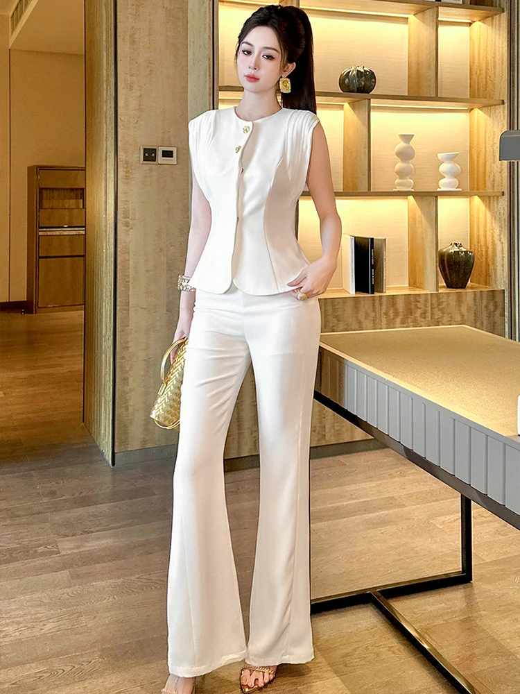 

Women Clothes Chiffon White O-Neck Shirt Elegant Lady Mujer Sleeveless Slim Tops Single-Breasted Blouse Formal Occasion Summer