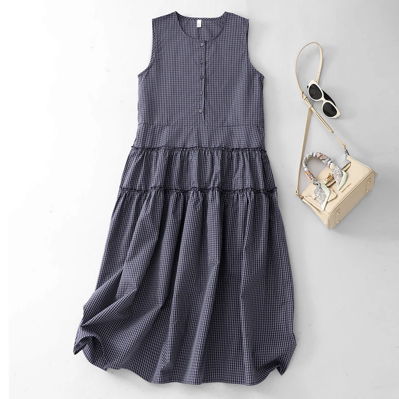 

Retro Artistic Style Summer Blue Plaid Waist-Cinching Dress Vest Long Dress Wooden Trim Comfortable Breathable Cotton Gown