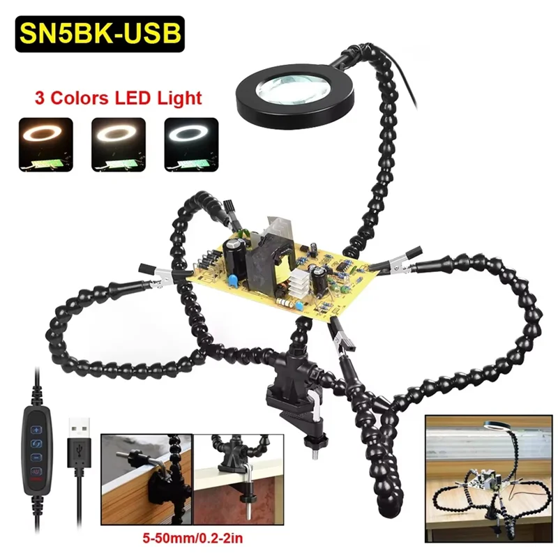 

ABFY-Soldering Third Hand Tool Helping Hands USB Rechargeable Flashlight 3X Magnifier Soldering Station Welding Repair Tool