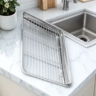 

1 Set Of Stainless Steel Baking Pan With Mesh Rack Multi-Function Wire Rack For Home Kitchen Bbq Oven Camping Oil Draining Plate