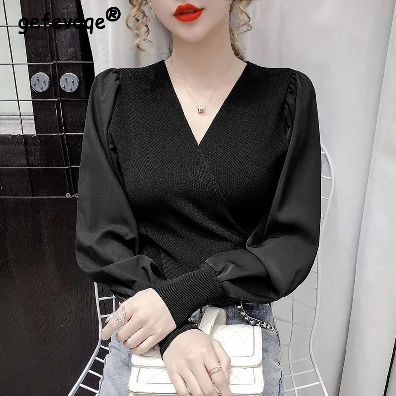 Elegante chique decote em v manga comprida retalhos malhas primavera outono coreano moda magro de malha blusas para mulher clothes2023