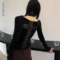 Yedinas-Camiseta calada cruzada en la espalda para mujer, ropa de manga larga, moda coreana, Tops de otoño, camisetas ajustadas, ropa femenina Y2k