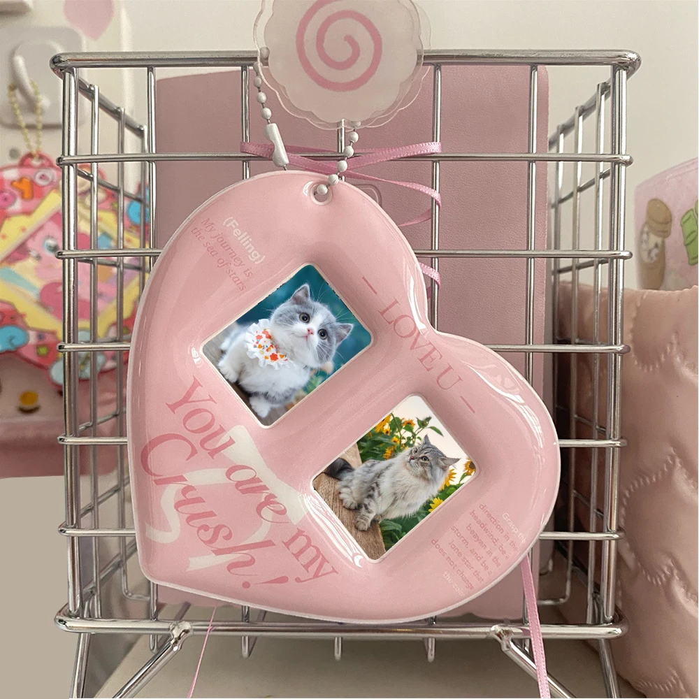 Sweet PVC Photocards Protector Double Slot Couple Photo Frame Heart Shaped Card Sleeve Pink Card Holder Pendant Keychain