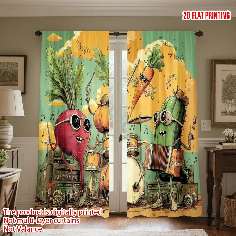 

2D flat printing 2pcs Curtain Curtain Thanksgiving Musical Veggies Digital Printed Polyester Drapes Family Party Decoration Use
