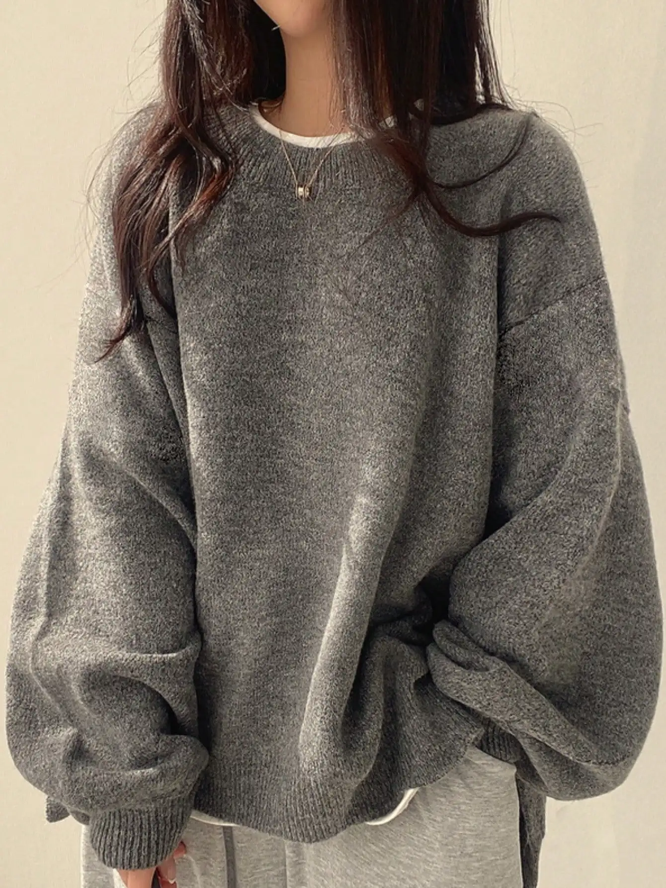 

Серый свитер свободного кроя в корейском стиле с расклешенными рукавами для женщин, повседневный трикотаж на осень-зиму