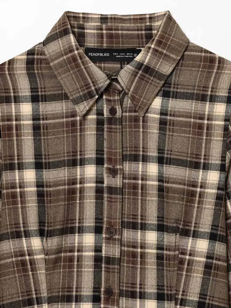 النمط الأوروبي والأمريكي الخريف موضة جديدة عادية بسيطة الرجعية الخصر النحيف قصيرة منقوشة بأكمام طويلة قميص قميص أعلى #3