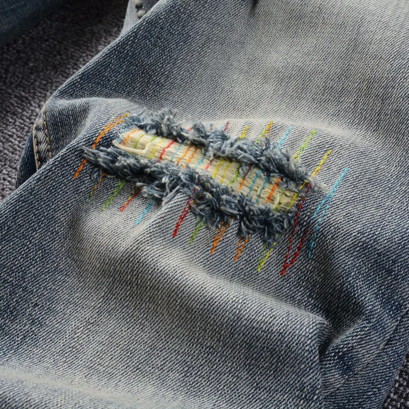 Fashion Vintage Men Jeans High Quality Retro Washed Blue Stretch Slim Fit Ripped Jeans Men Embroidery Designer Denim Pants Homme