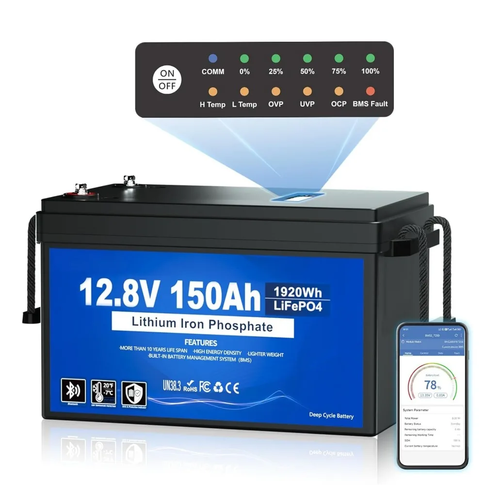 

12V 150Ah LiFePO4 Lithium Battery with SOC Status Indicators, Bluetooth & Low Temp Cut-off, 12V Lithium Battery up, Customized