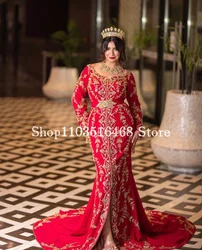 Luxury Red Middle East Evening Gowns Elegant V-Neck Long Sleeve Lace Beauty Applique Long Custom Bridal Gowns فساتين سهرة