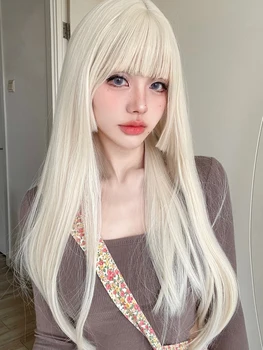26 cali blond platynowe złote peruki syntetyczne z grzywką długie naturalne proste włosy peruka dla kobiet Hime Cut Cosplay żaroodporne