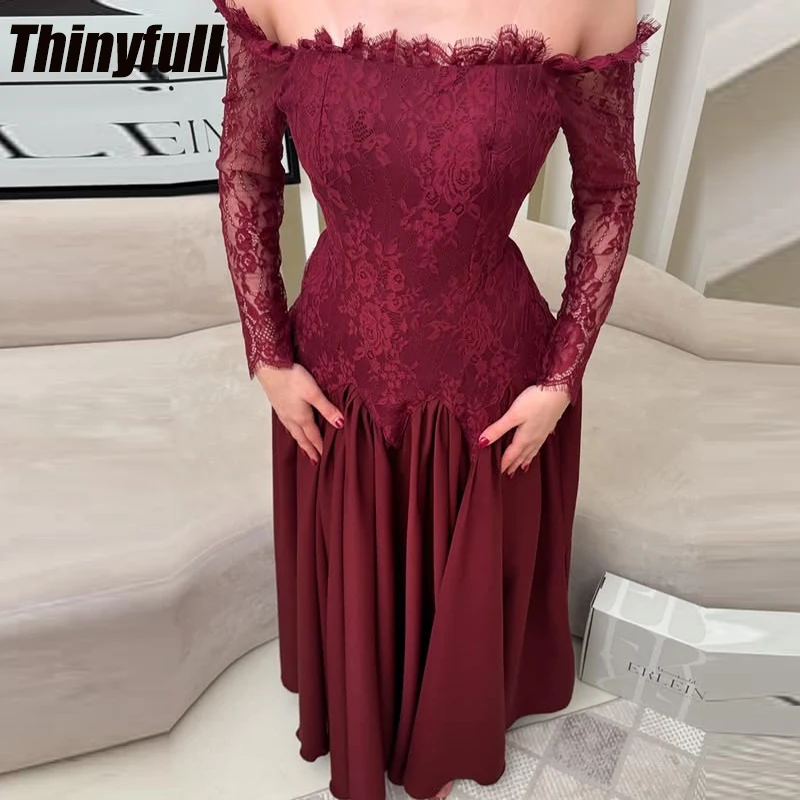 Thinyfull A ライン シフォン/レース プロムドレス オフショルダー 長袖 イブニングドレス アラブ フォーマルドレス ローブ ド ソワレ カスタマイズ