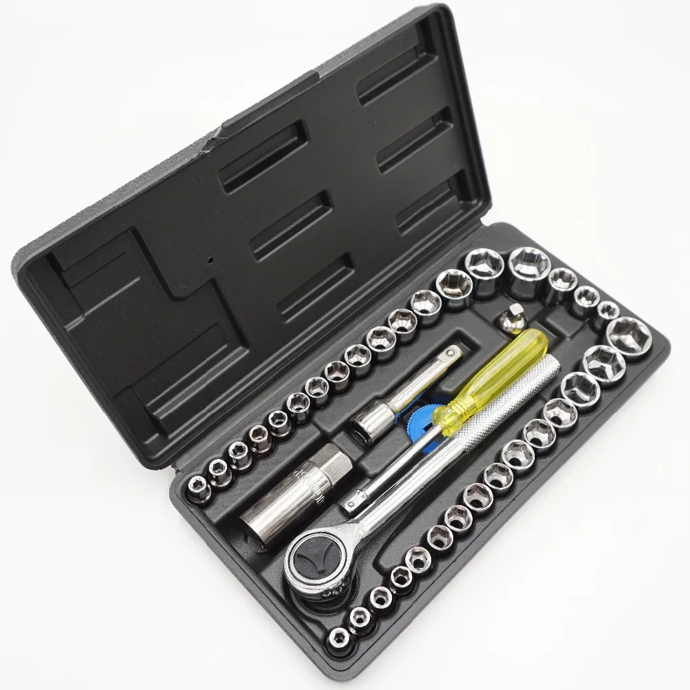 40PCS 1/4  3/8 inch Drive Ratchet Wrench Set Automobile Motorcycle Repair Hand Tool Kit Extension Bar Hex Sockets Ratchet Handle