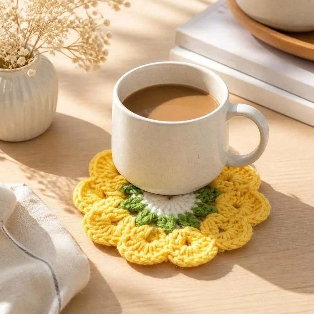 Ins Style Knitted Crochet Flower Coasters Handmade Heat Resistant Placemats Home Decor Non Slip Coffee Cup Mat Home Decor
