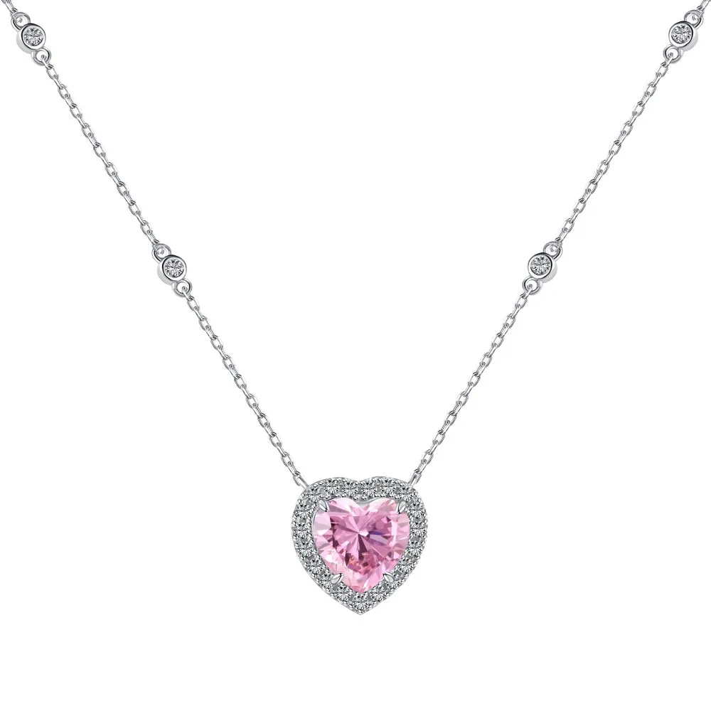 

S925 Silver Heart Necklace Women 10mm Pink Diamond Pendant Necklace Female Sparkling 5A Zircon Design Luxury Jewelry Girl Gift