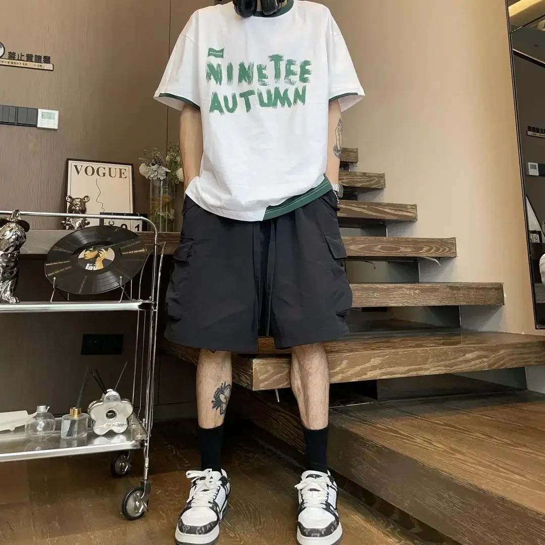 

Wide Short Pants for Men Oversize with Draw String Mens Cargo Shorts Over Knee Elastic Waist Loose Baggy Solid Big Size Elegant