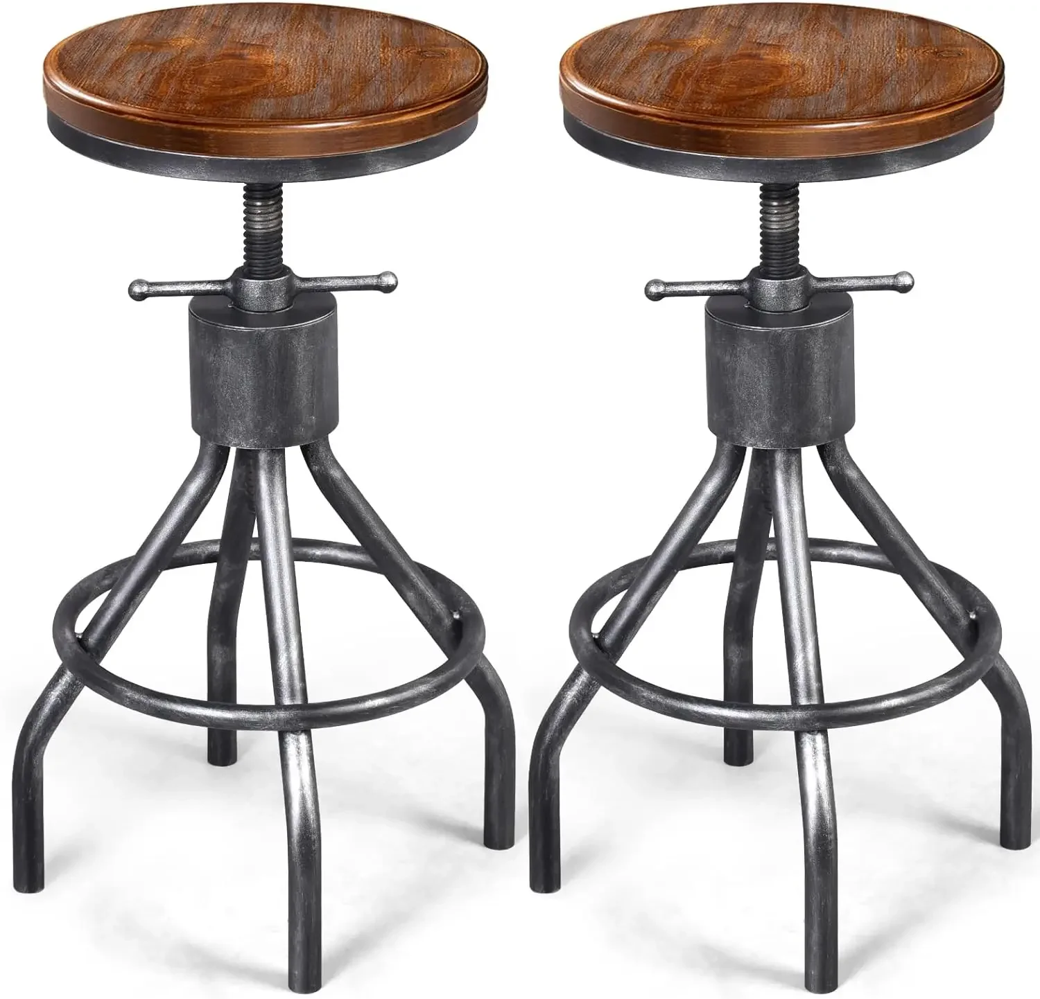 LOKKHAN Set of 2 Industrial Bar Stool-Vintage Adjustable Round Wood Metal Swivel Bar Stool-Cast Iron-23-30 Inch Tall Counter Bar