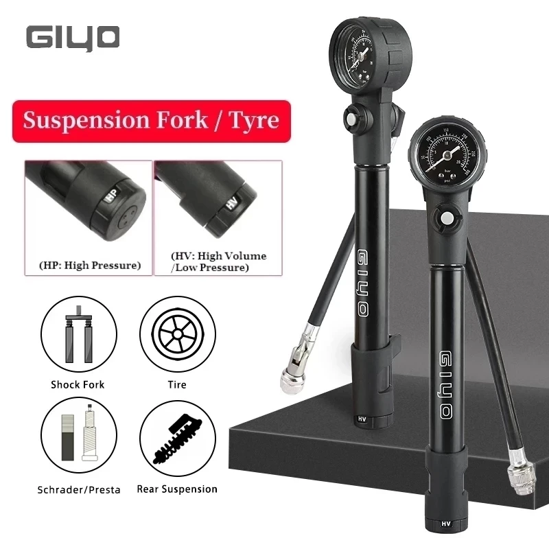 300psi Giyo MTB Shock Fork Pump Bicycle Tyre Inflator Schrader Presta HP/HV Two Mode Inflate Rear Suspension Pump with Gauge