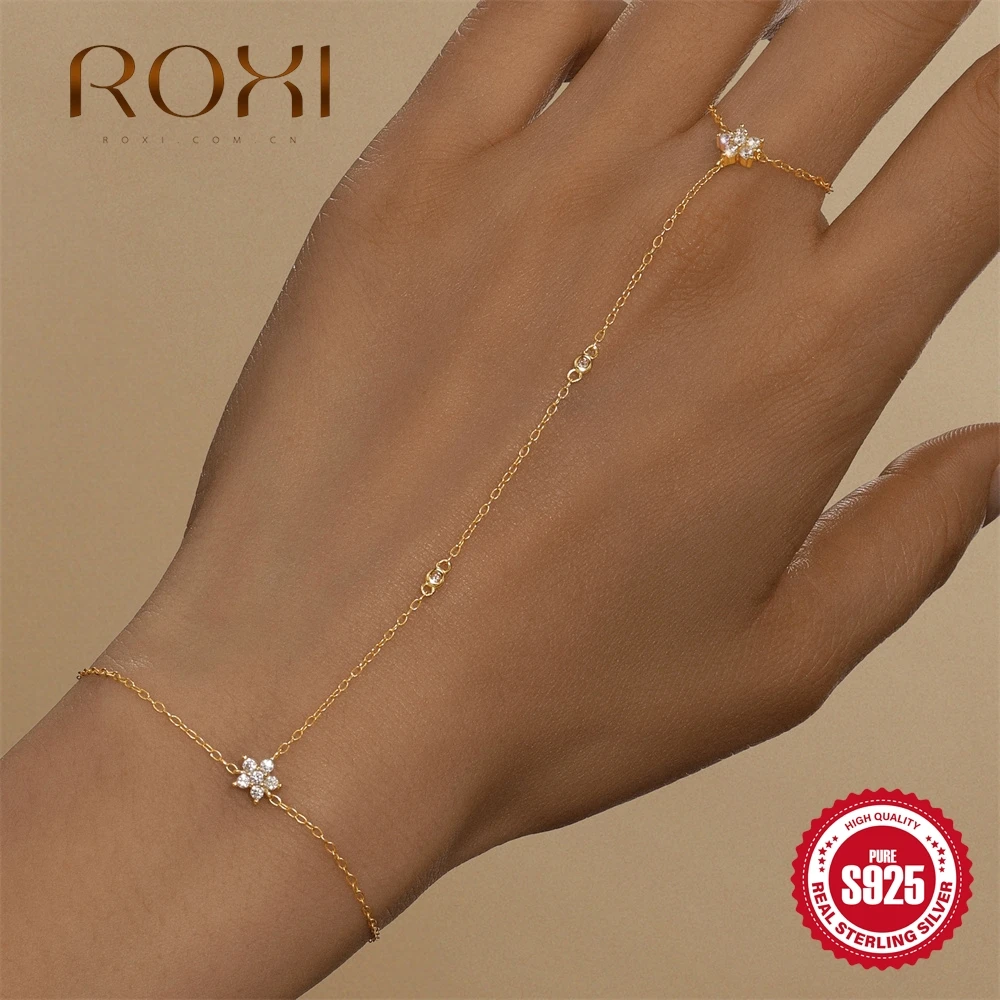 ROXI 925 Sterling Silver Evil eyes Blue/White Zircon Bracelet Flower Finger Design For Women Hand Chain Bracelet Party Jewelry