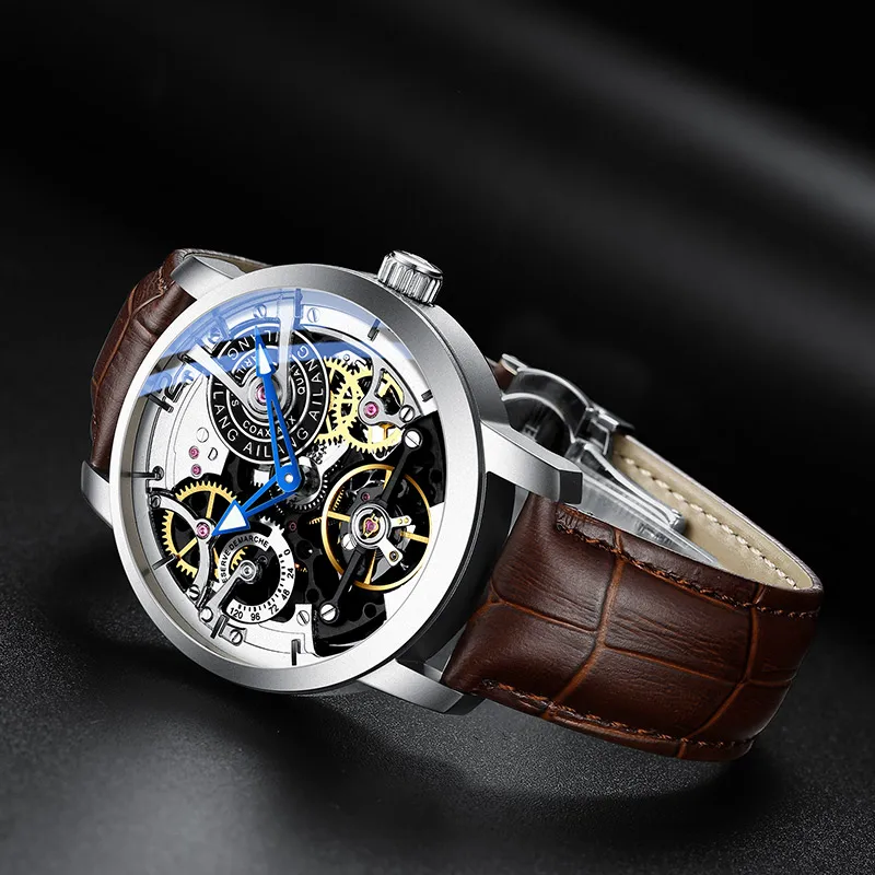 AILANG Fashion Hollow Automatic Mechanical Watch Luxury Brand Watch 2024 New Genuine Leather Strap 30M Waterproof Men Clock 6811