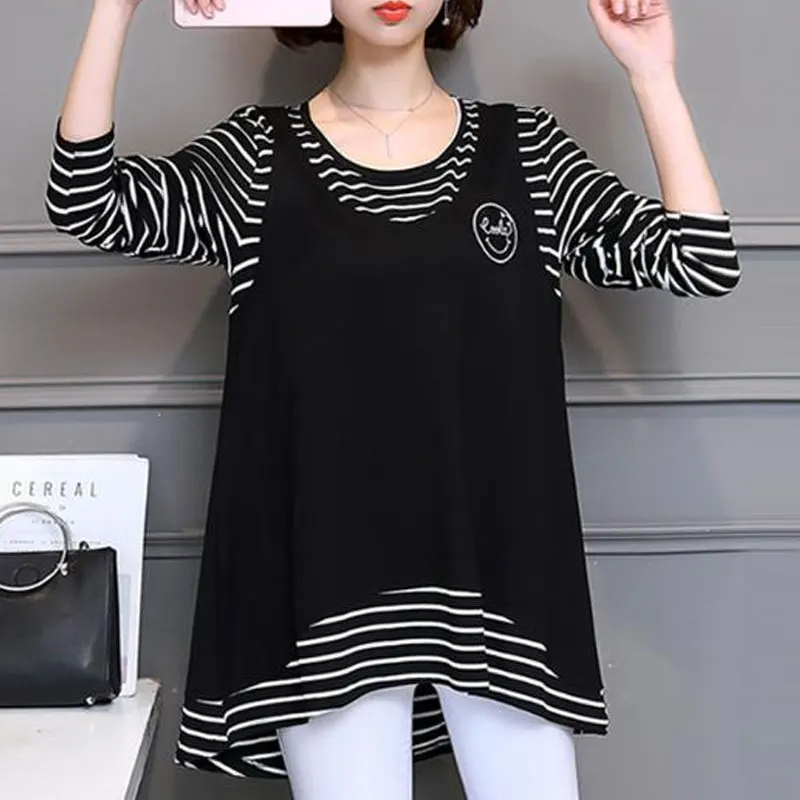 2023 Stylish Fake Two Pieces Striped Pullovers Casual Patchwork Women\'s Clothing Korean Loose Spring Autumn Long Sleeve T-shirt