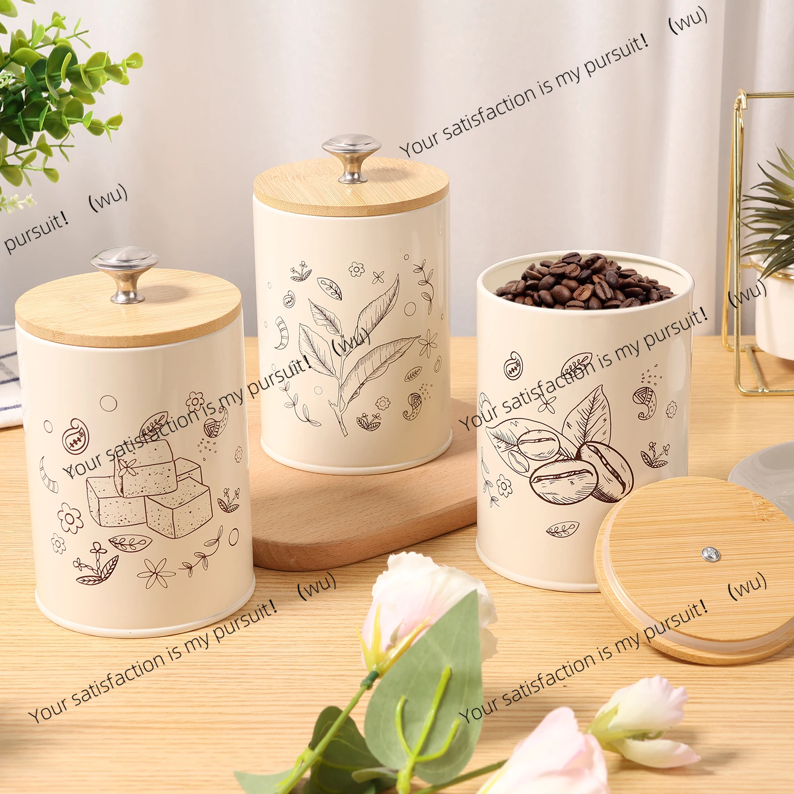 3Pcs Vintage Print Metal Canister Set with Airtight Wood Lids Sugar Tea Coffee Storage Containers Jar for Counter Dining Room
