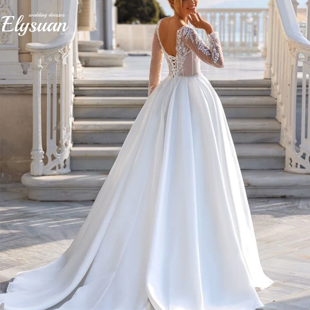 

Customized Modern Lace Applique Wedding Dress Sexy Open Back Illusion Long Sleeve A-Line Floor Length Bridal Princess Gowns Robe