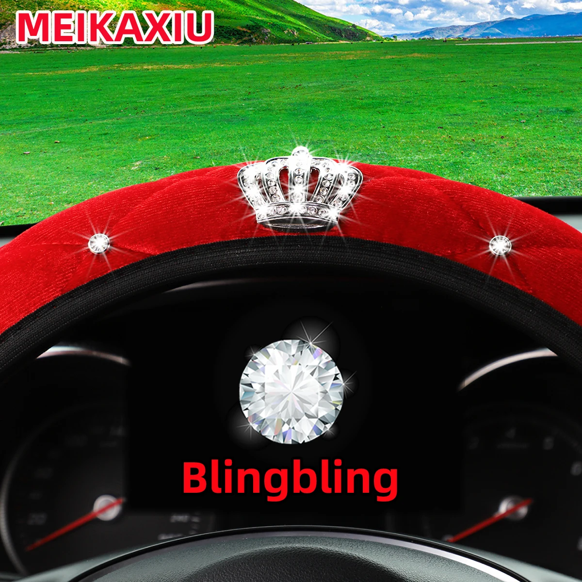 Winter Kurzer Pelz-Samt-Lenkradbezug mit Diamantbesetzter Krone Glitzerndes Auto-Innenausstattungszubehör Ohne Innenring – Detail 9