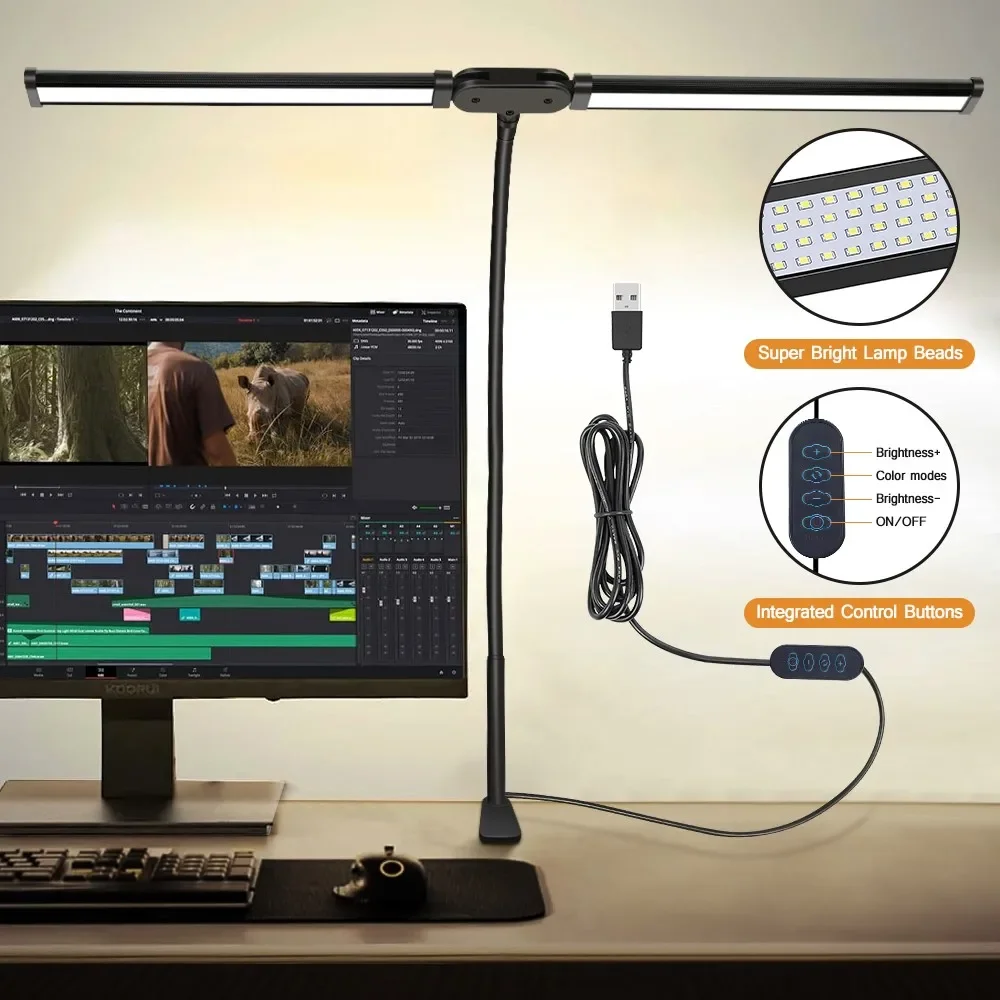 Double Headed LED Clip Type Remote Control Desk Lamp Reading Lamp Desktop Desk Lamp Architectural Desk Lamp with 5 Color Modes A