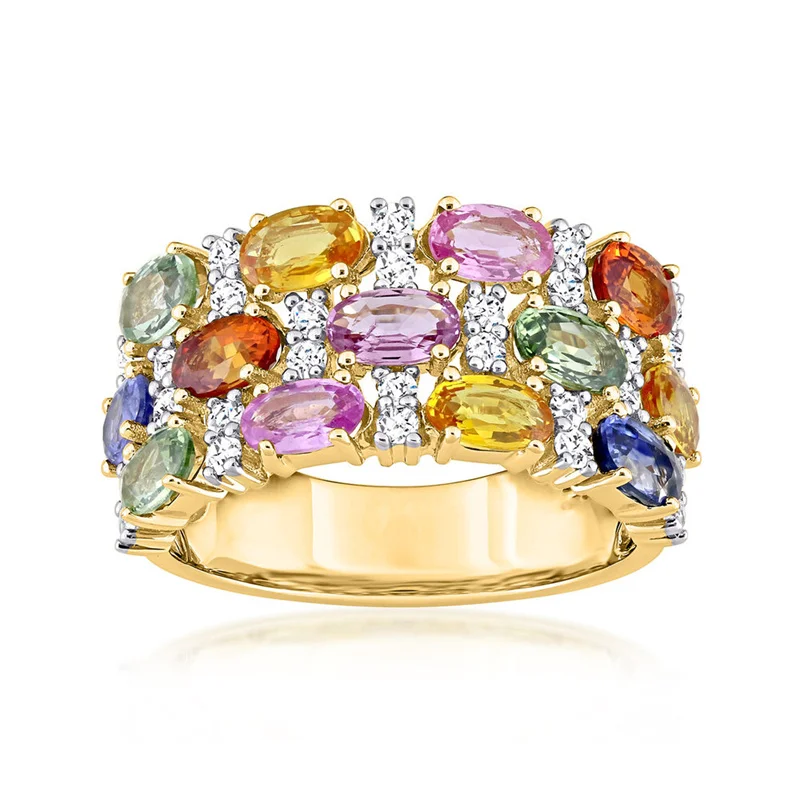Anillo brillante multicolor de circonia sintética chapado en oro, accesorios de joyería elegantes para ceremonia de compromiso, regalos para mujer