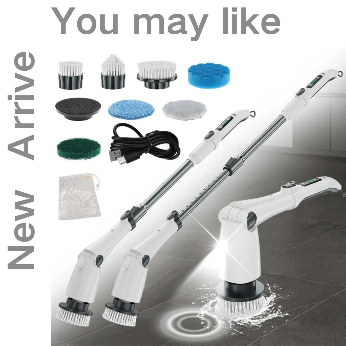 전동 스핀 스크러버 청소 브러시 충전식 무선 파워 터보 스크럽 스크러버 연장 핸들 적응형 브러시