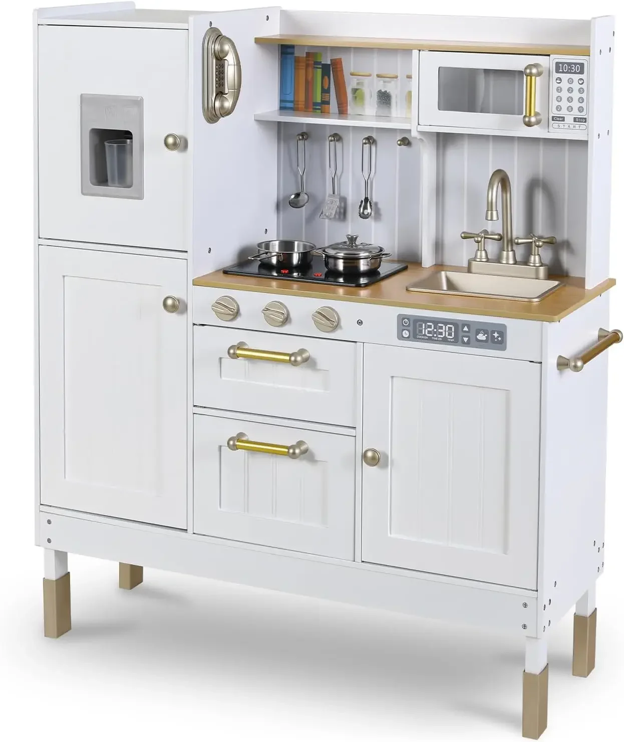 

Play Kitchen for Kids, Pretend Preschool Kitchen Sets, Wooden Cooking Playset w/Realistic Light & Sound, Telephone, Stove,Fridge