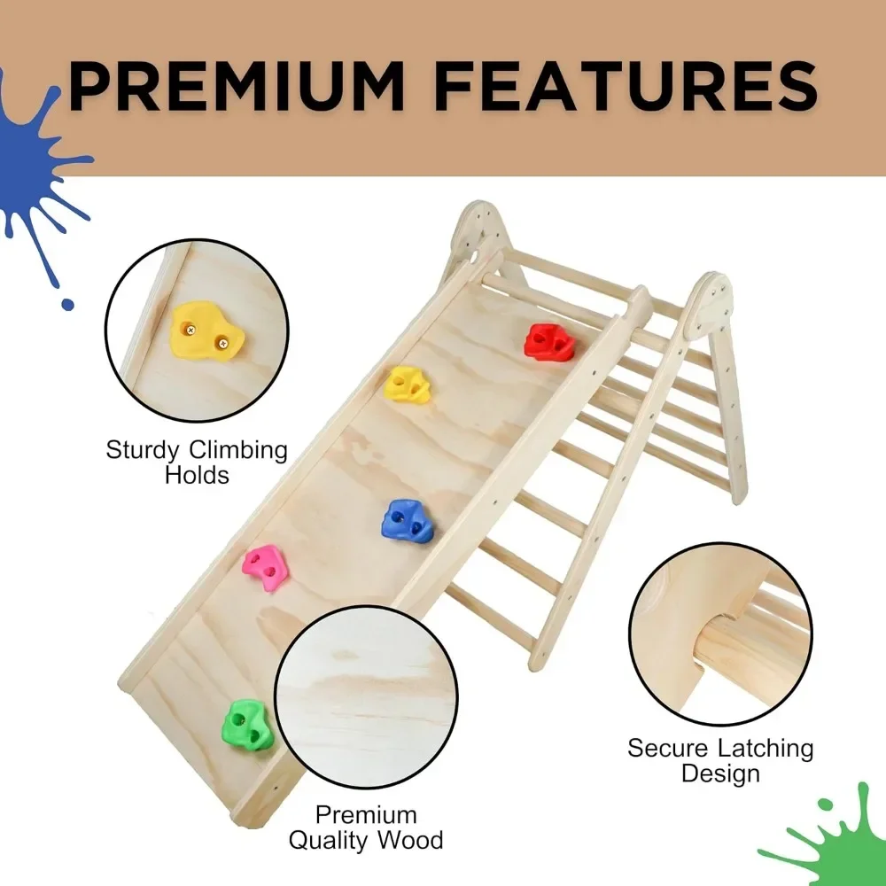 3-in-1 Pikler Triangle Set with Slide Montessori Climbing Set Wooden Indoor Playground Climbing Toys for Toddlers Climbing Walls