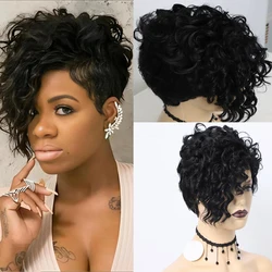 Black Fashion Cool Women Short Curly Hair with Side Bangs Chemical Fiber Wig for Daily Wear