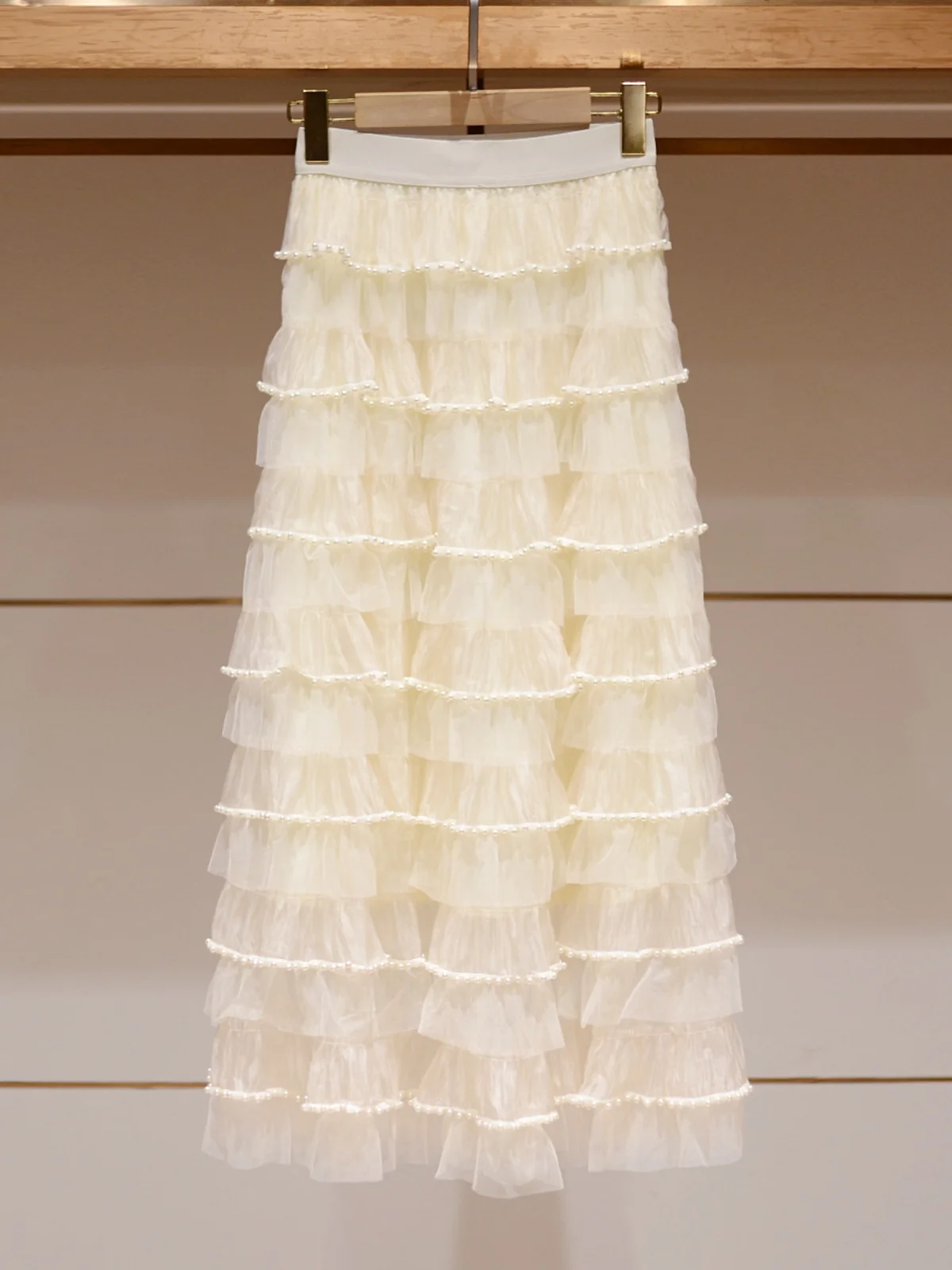 

Chic f-length Skirt with Elastic Waist And Pearl Embelliment High-waisted A-line Gown for Women Summer Faion 2025