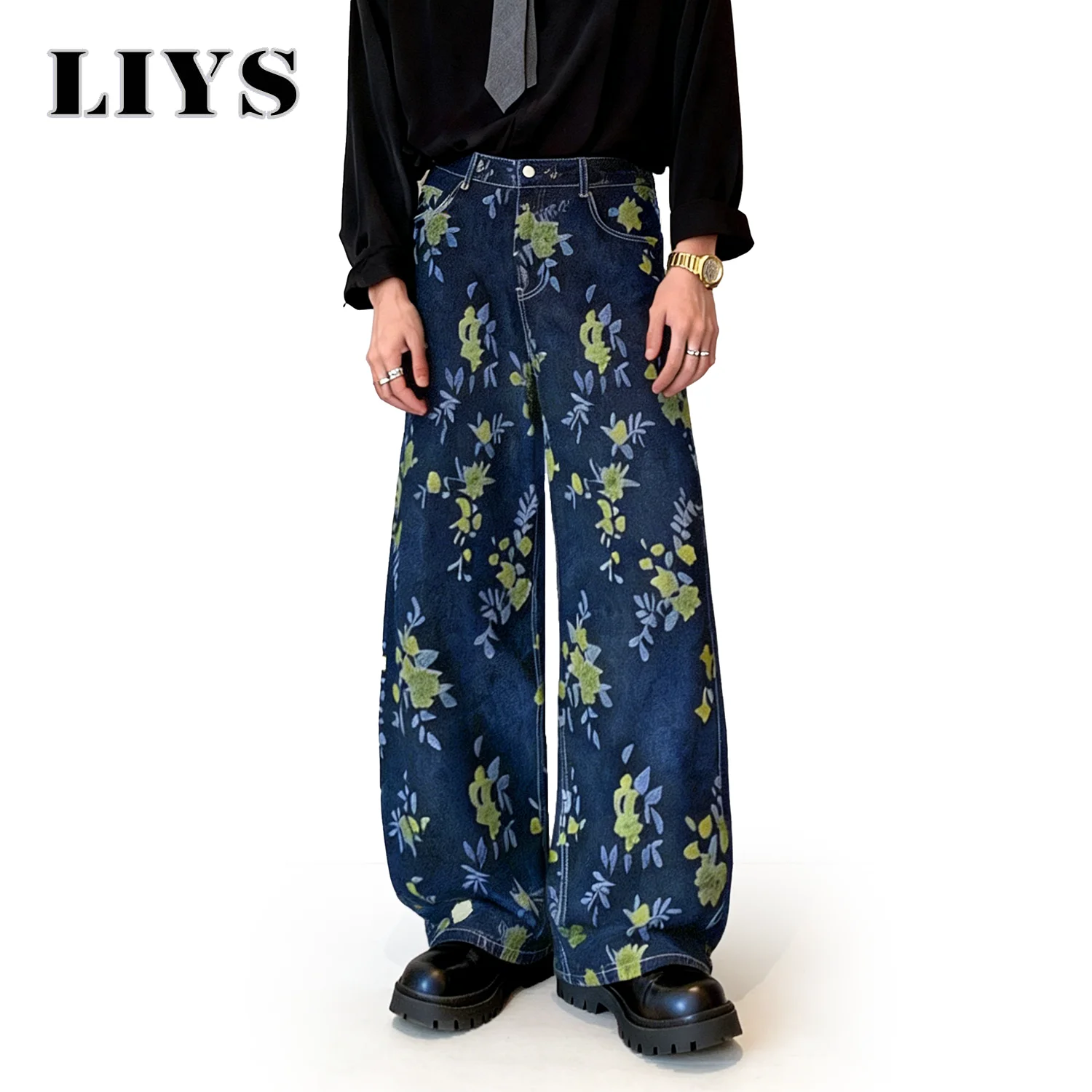 

LIYS Japanese-Korean Style Floral Jacquard Fabric Baggy Wide-leg Jeans American Retro Floral Jacquard Fabric Wide-leg Denim Pant