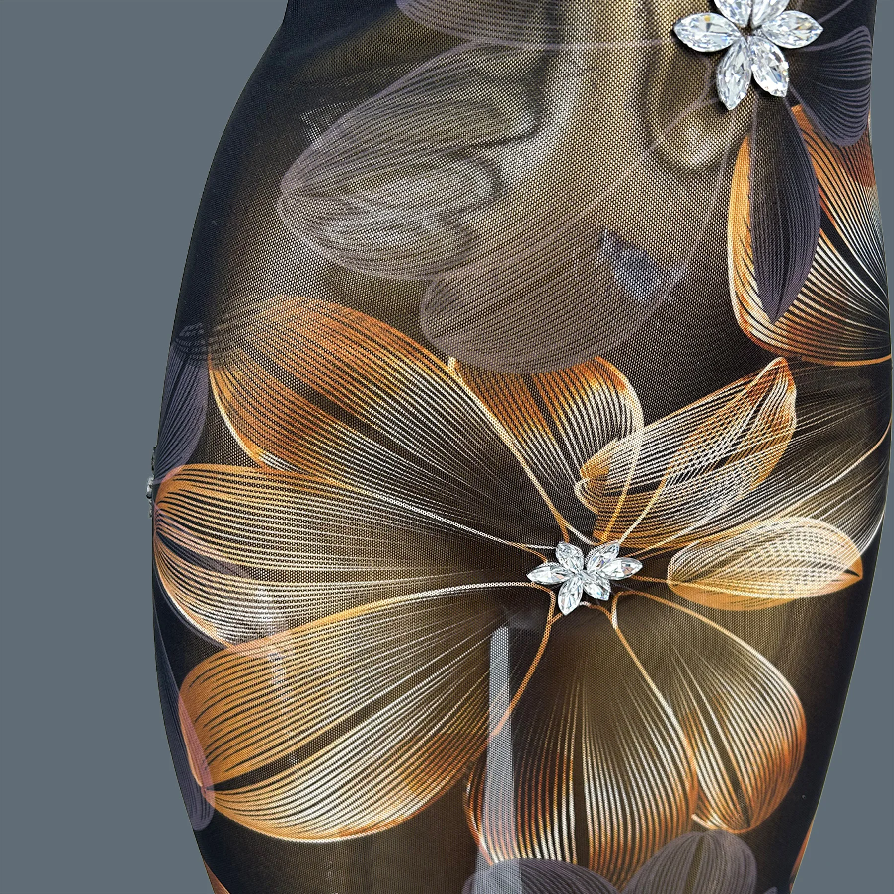 

Gold Floral Print See Through Mesh Dress Nightclub Party Sleeveless Tight Fitting High Slit Formal Evening Gown Dacne Wear Bojin