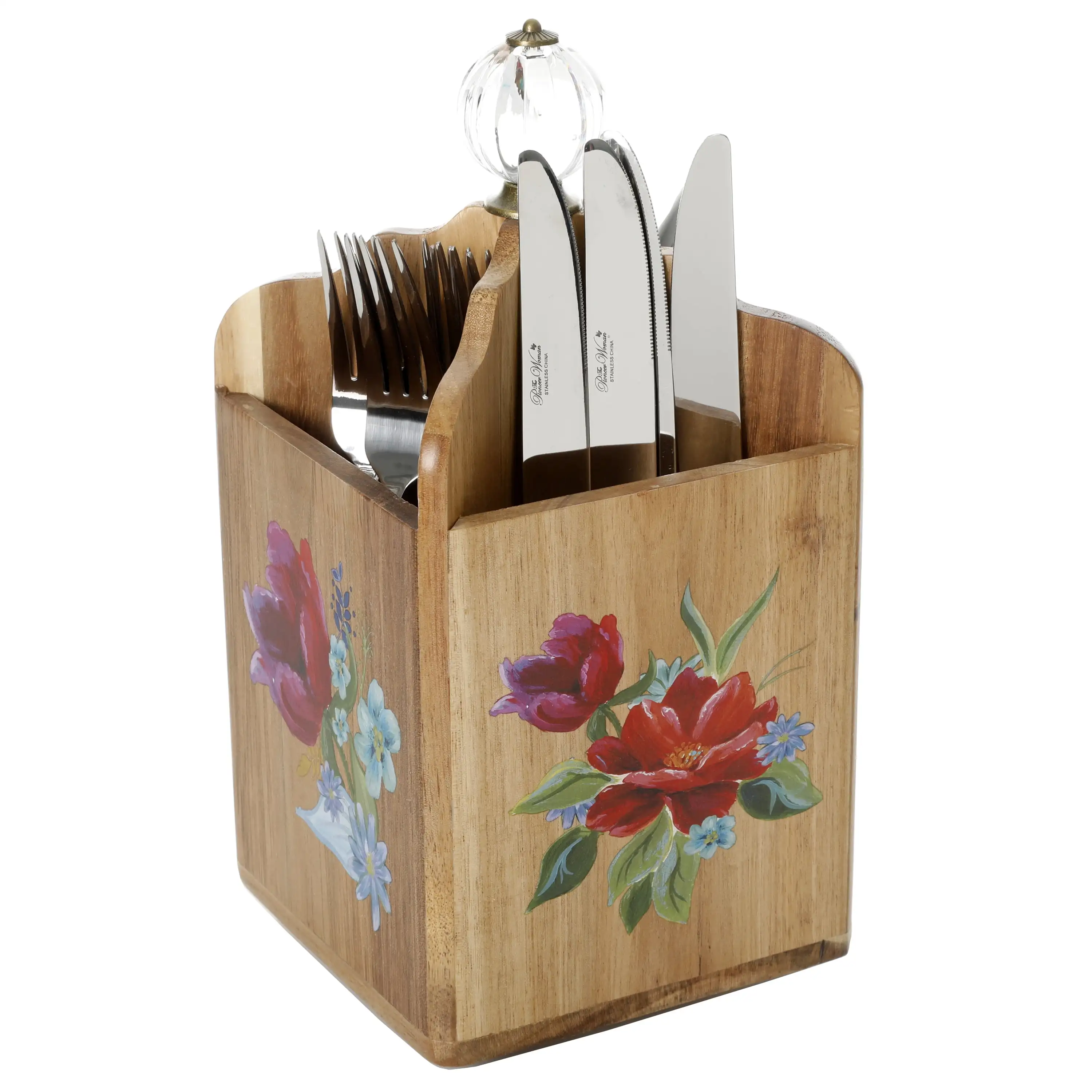 Spring Bouquet 4-Section Acacia Wood Utensil Holder